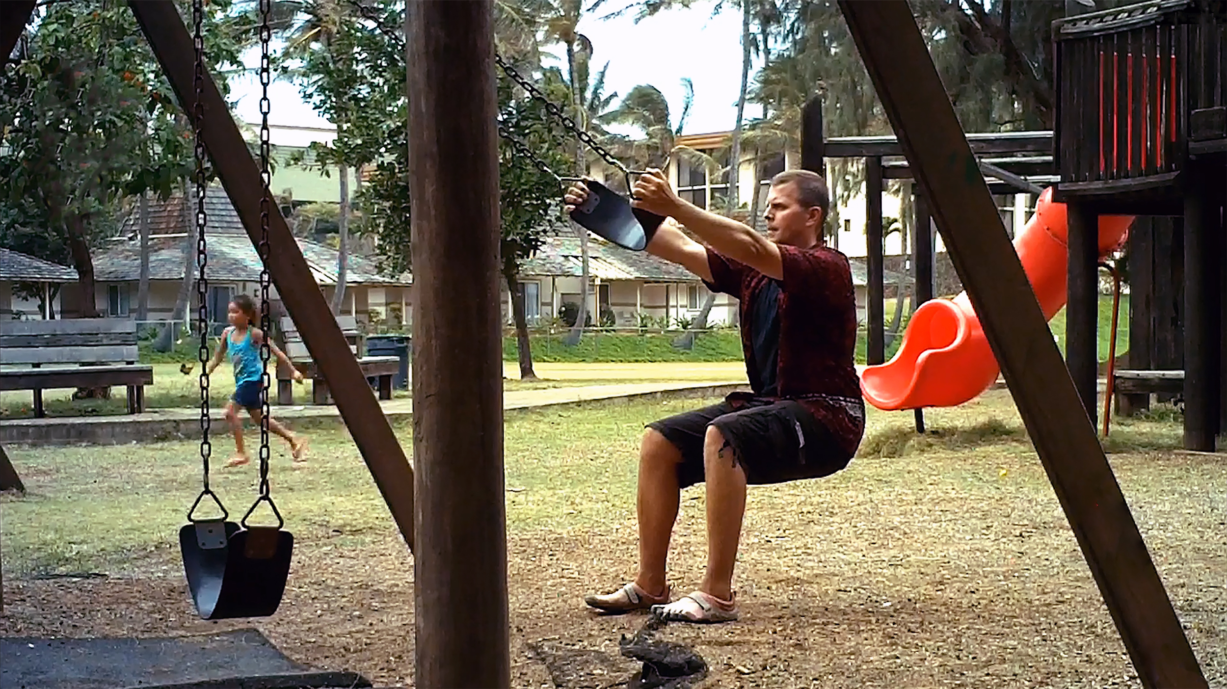 Doug Jones doing swing squats at Kamalani Playground, Lydgate Beach Park, Kauai